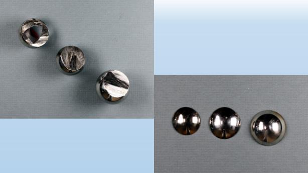 Figure 17: Structure and patterns of microvoids in the heads of the endoprostheses. Left – head of endoprosthesis 1 (Figure 14); right - head of endoprosthesis 3 (Figure 14). SEM.