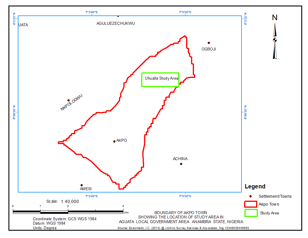 Figure 2: Boundary of Akpo Town showing the study area at Uhuala-Village.