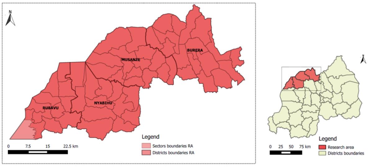 Figure 1: Location of Muzanze and Burera districts (North Province) and Nyabihu and Rubavudistricts(Western Province). Data source: Rwanda GeoPortal. Rwanda GeoPortal, accessed on 24.01.2017.