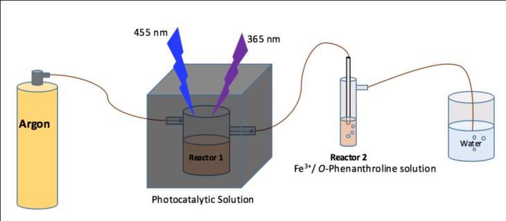 Figure 1: Diagram of reactors used to evaluate hydrogen production The first reactor contained photocatalytic solutions, either the nano-composite photocatalyst (the titanium oxide-coupled with the Pt tipped CdSe-CdS rods) or the rods themselves. Isopropyl alcohol was added to the solution, playing a role as hole-scavenger. The solution’s pH in the reactor 1 was adjusted by using HCl and KOH solutions. The second reactor contained Fe3+ and o- phenanthroline solution. The reactor 1 had been illuminated for 1 hour using 365 nm and 455 nm lights while argon was flowing through the whole system. Freshly produced hydrogen from the reactor 1 was carried by argon and bubbled through the solution in the reactor 2 to reduce Fe3+ to Fe2+, which would form a complex with o-phenanthroline available in the solution. Immediately after the illumination in the reactor 1 was terminated, absorbance at 508 nm of the resulted solution in the reactor 2 was measured.