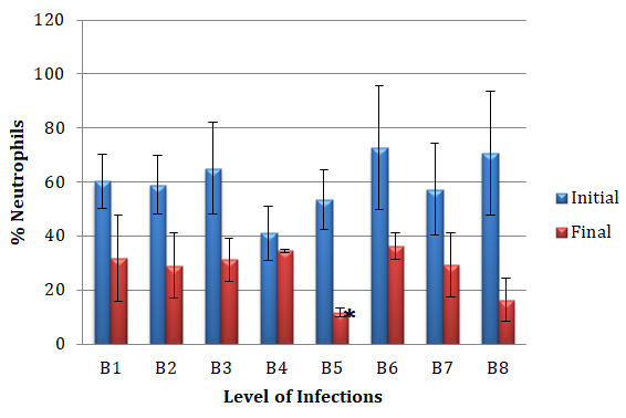 Figure 8: Percent neutrophils of the first weight group (45-50 g) before (initial) and after (final) the challenge test.