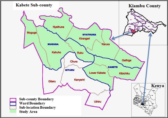 Figure 1: Map of Kabete sub-county showing Muguga, Nyathuna and Kabete wards.