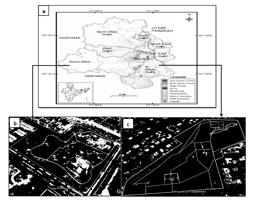Figure 2: a) Forest Cover map of Delhi (ISFR, 2012) [34], (b) DDA District Park, Sector 11, Dwarka (Google Satellite Image), (c) Lodi Garden (Google Satellite Image).