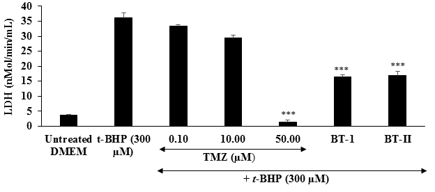Figure 3: The cells were pre- treated with test samples for 24 hours, subsequently damaged with 300 µM of t-BHP for 2.5 hours. LDH activity was measured in culture supernatants by using colorimetric kit. The level of LDH activity was significantly (p≤0.001) increased by 892.05% in the t-BHP induced group as compared to the untreated DMEM group. Further, the positive control, trimetazidine (TMZ) showed a significant reduction of LDH level by 8.04%, 18.64%, and 96.13% (p≤0.001) at 0.1, 10, and 50 µM, respectively compared to the t-BHP induced group. Results of the test substance treatment groups, showed that the one-time Biofield Energy Treated DMEM (BT-I) and two-times Biofield Energy Treated DMEM (BT-II) groups showed 54.43% and 53.52% significant (p≤0.001) reduction of the level of LDH, respectively with respect to the t-BHP induced group (Figure 3). Thus, it is demonstrated that the Biofield Treated test items effectively reduced LDH leakage and reactive oxygen species (ROS) release in t- BHP treated cells, reflecting its ability to reduce t-BHP- induced cell injury. LDH, is a tetrameric cytoplasmic enzyme which is present in all the body tissues and its alteration results in heart attack and liver dysfunction along with other diseases such as muscle trauma, cancers, bone fractures, anemia, which results in infections like meningitis, encephalitis, and HIV [47-49]. Biofield Energy Healing Treatment suggested significant protection of LDH enzyme against t-BHP damage in H9c2 cells. Thus, Biofield Energy Treatment would be the best alternative approach for cardiac health.
