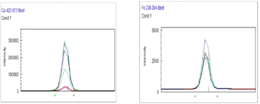 Figure 2: Ca and Fe chromatograms of residues in ICPE 9000. Calorie Quantification in Residues Calorie quantification in residues was done using IKA Calorimeter C 200. 0.5 g of sample was weighed and placed in the tube of the device. O2 was given in the tube to start incineration and the tube was placed in the device. After incineration was completed, the result was calculated.