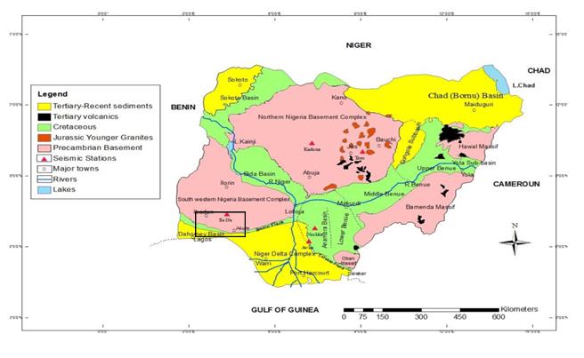 Figure 1: Geological Map of Nigeria showing the study area (box) [15].