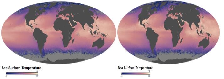 Figure 2: July 2008 and July 2018 SST maps are based on observations by the MODIS on NASA’s Aqua satellite (source: www.earthobservatory.nasa.gov).