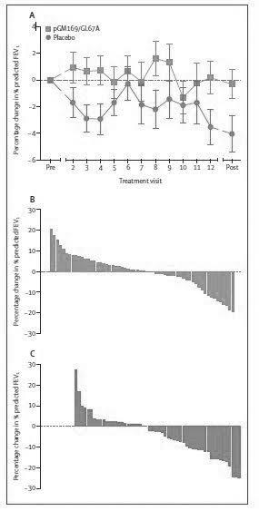 Figure 1: Timecourse of the primary outcome response to either placebo or pGM169/GL67A (A) and the individual patient responses in the pGM169/GL67A (B) and placebo (C) groups. Error bars in panel A show the standard error of the mean. Primary outcome measurements were taken at each treatment visit before administration of study drugs. Pre and post values indicate the mean of two measurements at the respective time points. Positive values in panels B and C show an improvement. FEV1 is the forced expiratory volume in 1 sec [1]. These results might be due to the increased mitotic rate of more severely affected tissues [10], which decreases the proportion of time that nuclear membrane is intact, the membrane acting as a barrier to plasmid DNA entry to the nucleus. The outcome of the trial raises a number of questions: are we sure that the variation of FEV1 is the best parameter to evaluate this kind of therapies? In this context, the nasal potential difference measurements would have been useful to assess CFTR ion channel activity. As final issue, which is no less important, the molecular evaluation of CFTR protein function was carried out in a small number of patients [11] due to the invasively of techniques to be used (nasal or bronchial biopsy).