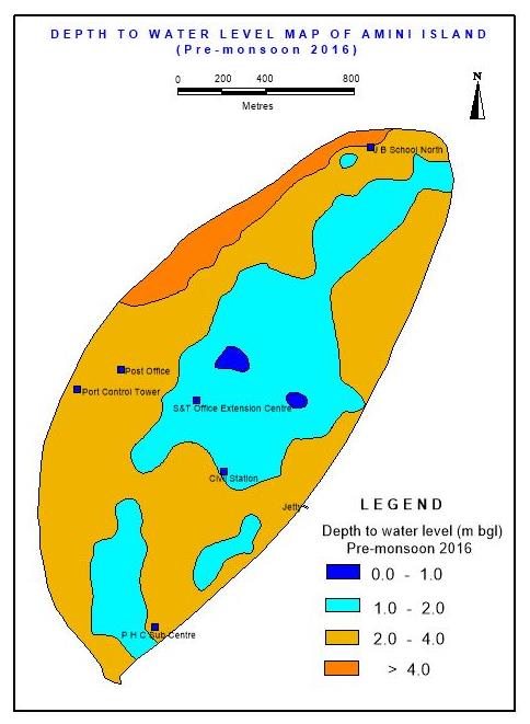 Figure 3: Depth to Water level map of the Amini Island, mbgl.