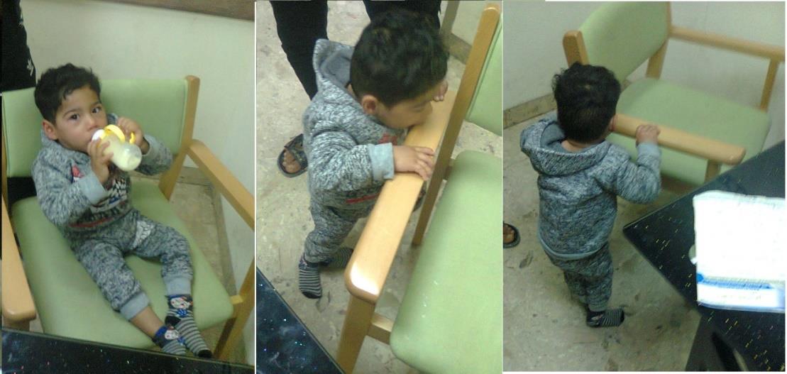 Figure 7: Patient-5 after the fifth course of treatment, he experienced significant improvement. He could sit comfortably on the chair for long time with only slight limb flexion. He could hold a bottle and feed himself .He could stand with support holding furniture and make few steps.