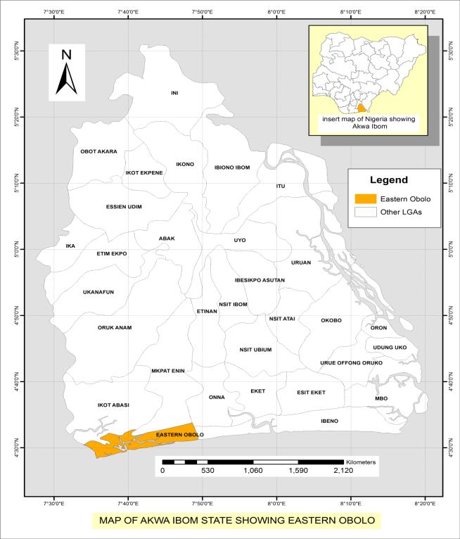 Figure 1: Map of Akwa Ibom State showing Eastern Obolo Local Government Area.