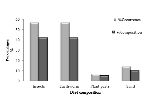 Figure 8: Composition and frequency of occurrence of stomach contents of Marcusenius abadii in the Libga reservoir from Dec 2015 to April 2016.