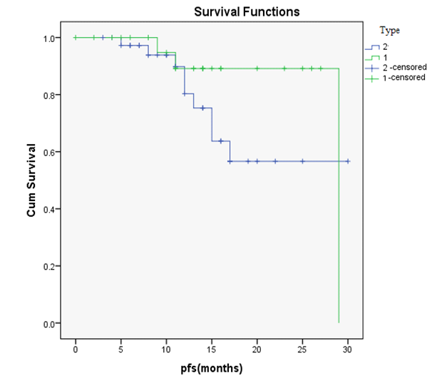 Figure 6: Comparison of Mean recurrence time (PFS) in type I and Type II EOC-kaplanmeier curve.