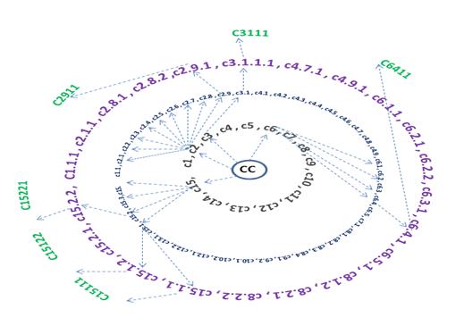Figure 3: Paths of Important key regulators from complete network to motif through various modules/sub-modules at various level of organization.