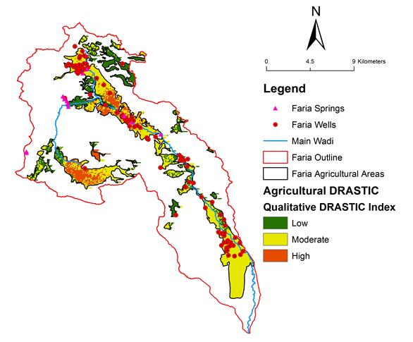 Figure 2: Then, an integrated vulnerability map was obtained by utilization of the GIS capabilities in geoprocessing, as shown in Figure 3 [3]. Also, the spatial distribution of the wells and springs and the path of the main Wadi (which are considered the main irrigation sources in the catchment) are shown in the same figure.