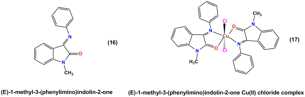 Figure 10: Structures of isatin Schiff-based derivative (16) and its octahedral Cu(II)-complex (17).