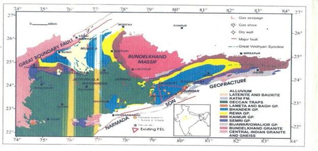 Figure 2: Geological map of Vindhyan Basin showing existing PEL, Surface gas seepages, Drilled wells, Pseudo-well and proposed locations.