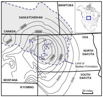 Figure 1: Location map of the Williston Basin with structure contours [3].