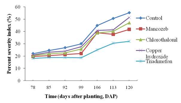 Figure 2: Groundnut rust disease progress curves in percent severity index (PSI) as affected by different fungicide sprays on Sedi variety at Babile during 2010 main cropping season.