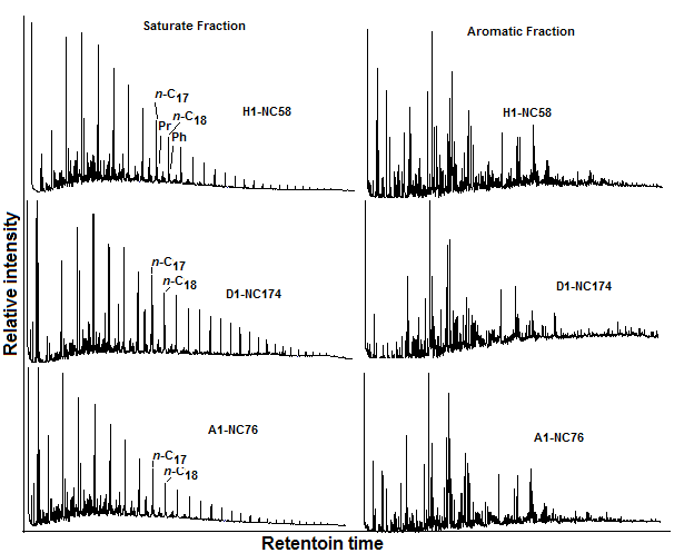 Figure 4: The gas chromatograms of the saturated hydrocarbon fractions of the EOM showed smooth _n_-alkanes distributions from less _n_-C10 to more than _n_-C35 with major common preference (CPI values of around 1.0), consistent with their oil-window maturities indicated by vitrinite reflectance. The pristane to phytane ratios (> 1) with dibenzothiophene to phenanthrene ratio (DBT/P = < 1) clearly reveals marine shale and lacustrine environment deposition [20]. The methyldibenzothiophenes to the methylphenanthrenes (MDBT/MP) ratios of around 0.1 show relatively low concentrations of the aromatic sulfur compounds in the aromatic fractions of both the cores analyzed.