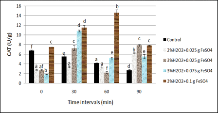 Figure 2: Mean values of catalase in tissues of Biomphalaria alexandrina snails treated with the effective Fenton concentrations. Different letters indicate significance (P < 0.05).