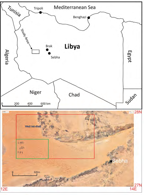 Figure 1: Map shows the location of the studied wells F1, G1 and H1 in the northern edge of the Murzuq basin.