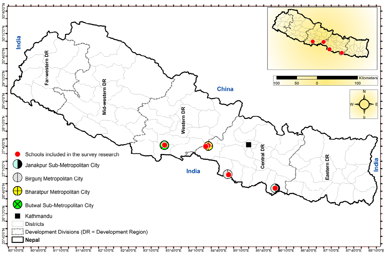Figure 1: Map showing study sites and locations of randomly selected schools from each of sites.