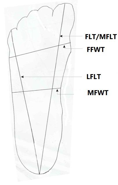 Figure 2: Measurement of left foot dimension. FLT/MFLT: Foot length trace. FFWT: Forefoot width trace. MFWT: Mid foot width trace. LFLT: Lateral foot length trace.