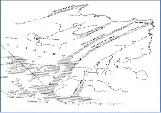 Figure 3: Location scheme of the Priobsky forest belt, including the Irtysh pine forest.