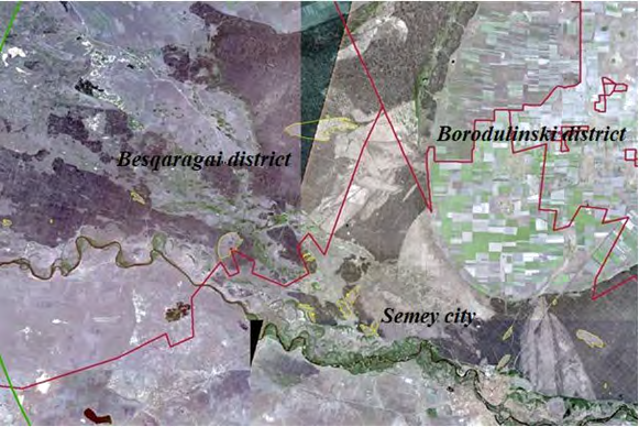 Figure 4: Space image 2019. The red line is the border of the region. Yellow lines — the cabin, black-and-green fire-a network of hauls according to GPS measurements The region has a huge tourist and recreational potential due to its natural and climatic, historical, cultural and socio- economic resources. The formation ecological and economic framework of the territory and the preservation of most valuable landscapes for environmental tourism and maintain a high quality natural environment in the places of recreation.