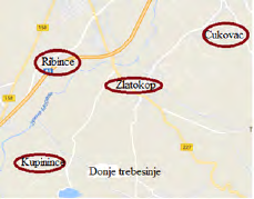 Figure 1: Villages Cukovac, Zlatokop, Ribnice and Kupinince. Source: Online satellite images and maps Vranje, Dubnica, Bresnica, Suvi Do, Ivankovci, Toplac, Bujkovac, Vranska Banja, Katalenac, and Durinci.
