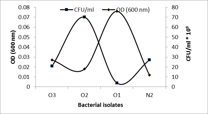 Figure 1: The total viable count and the optical density of the Bacterial Isolates.