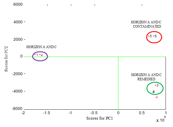 Figure 5: PC1 vs. PC2 of soil samples, contaminated soil and remedied plotted from data obtained on the LED Fluorimeter [12].