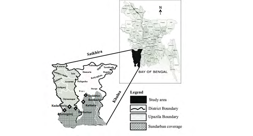 Figure 1: The map showing the two coastal districts of South-western Bangladesh. The diamond (◊) shape indicated the specific location of sampling. Picture adopted from Abedin and Shaw [15].
