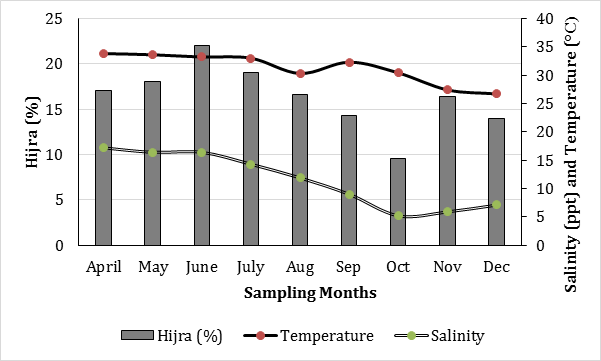 Figure 11: The size-class (mm) distribution of female mud crab S. olivacea collected from two coastal sub-districts of Bangladesh, Koyra, Khulna and Symnagor, Satkhira.