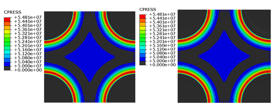 Figure 3: Cloud map of contact stress in the upper rock plate (left) and Cloud map of contact stress in the lower rock plate (right).