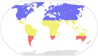 Figure 4: Seasonal risk areas for influenza: November–April (blue), April–November (red), and year-round (yellow) [21].