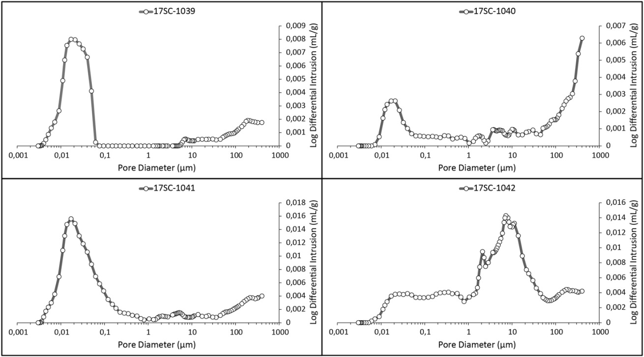 Figure 10: Cross-plot of pore diameter (μm) versus log differential intrusion (mL/g) for the 4 samples of the Pre-numidian sandstones. The 17SC-1039 and 17SC-1041 samples show a unimodal trend with the principal peak located in the nanopores dimensional class. The 17SC-1040 and 17SC-1042 samples are characterized by a plurimodal trend with the major peaks shifted in the micro+mesopores dimensional classes.