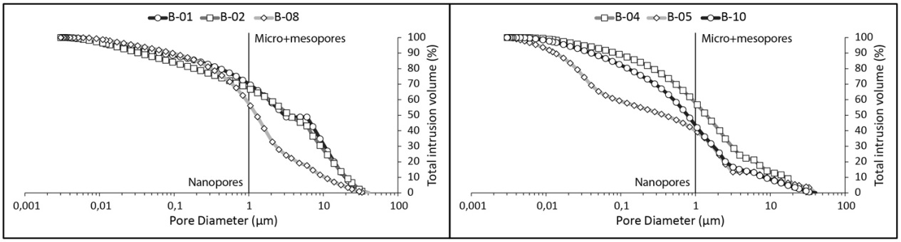 Figure 13: Cross-plot of pore diameter (μm) versus total intrusion volume (%) of all the studied Castelvetere Formation samples. As supported by the data in Table 3, seven samples are dominated by micro+mesopores, the remaining three are dominated by nanopores.