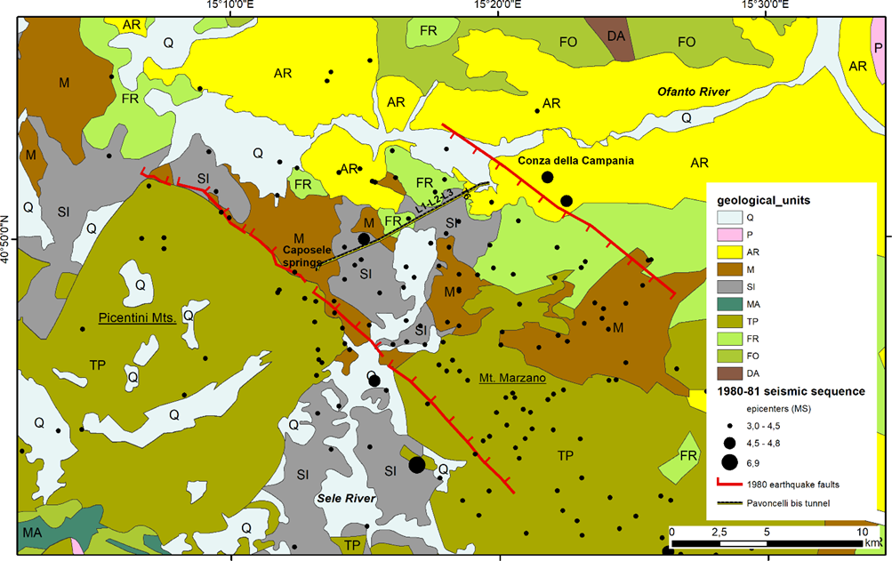 Figure 2: Geological map of the study area and seismic effects epicenters of 1980 earthquake seismic sequence. Legend: Q, Quaternary deposits; P, pyroclastic and volcanic deposits; AR, Ariano unit (Pliocene); AL, Altavilla unit (Late Miocene); M, flysch units (Middle-Late Miocene); SI, Sicilide and Liguride units; MA, Monte Croce unit; TP, Apennine carbonate platform units; FR, Frigento unit (Lagonegro basin); FO, Fortore unit (Lagonegro basin); DA, Daunia unit.; earthquake faults [15-16].