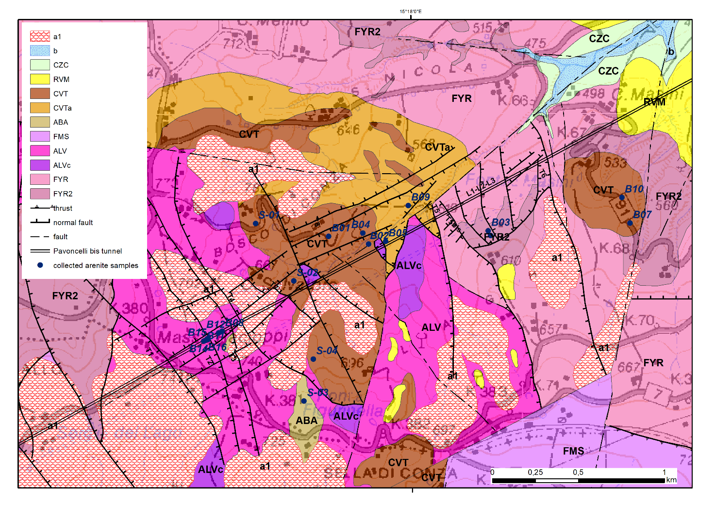 Figure 4: Geological map of the study area, indicating the location of the collected samples. Legend: a) Sicilide unit - Monte S. Arcangelo Fm. (FMS), Argille Varicolori Superiori Fm. (ALV) and calcareous lithofacies (ALVc), Albanella / Corleto unit (ABA); b) Frigento unit - Flysch Rosso Fm. (FYR) and limestone member (FYR2), pre-numidian sequence (FYN); synorogenic units - Castelvetere Formation (CVT) with silty-clayey-marly lithofacies (CVTa), Ruvo del Monte Synthem (RVM); Quaternary units - Conza della Campania synthem (CZC), terraced and actual alluvial deposits and alluvial fan (b), landslide deposits (a1).