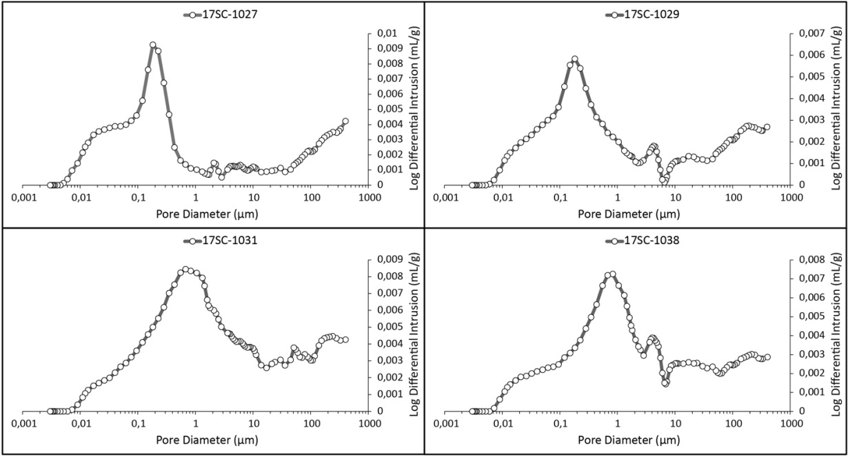 Figure 8: Cross-plot of pore diameter (μm) versus log differential intrusion (mL/g) for 4 representative samples of the Corleto Formation. The general distribution of pores is plurimodal with a principal peak that can be highly below the 1 μm limit (17SC- 1027, 17SC-1029), or in proximity/above the 1 μm limit (17SC-1031, 17SC-1038).
