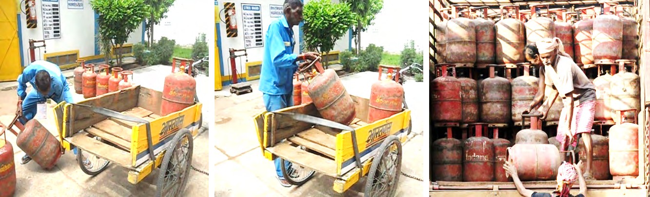 Figure 1: Workers handling the cylinders in cycle rickshaw and truck modes.