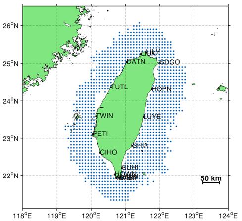 Figure 2: Location of long-range HF radar locations (black circle) within the TORI domain with four-letter site code next to station location overlay with the 70% mean coverage from May 01, 2015 to July 31, 2015 in seas around Taiwan.