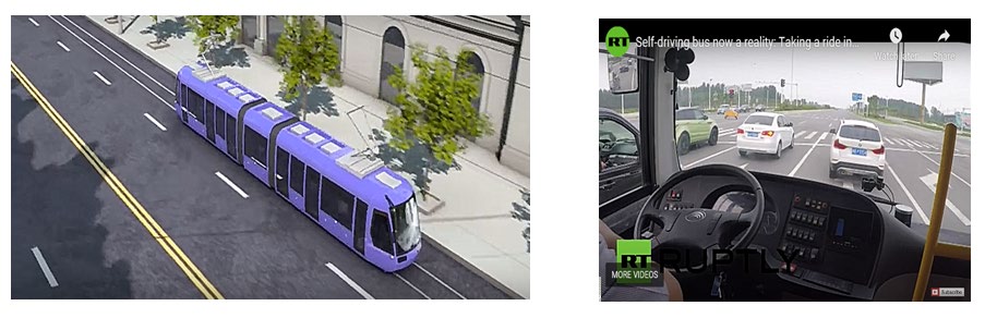 Figure 3: Self-driving automated bus: (a) Bus on virtual rail (developed by CRRC Zhuzhou Institute Co) and (b) safety driver on automated bus (developed by Zhengzhou Yutong Group Co).