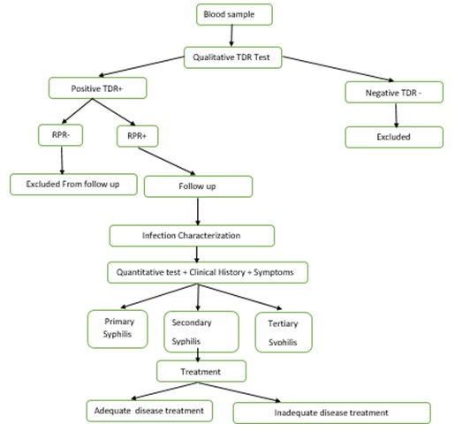 Figure 1: Flowchart of laboratory tests and syphilis stage to characterize the infection.
