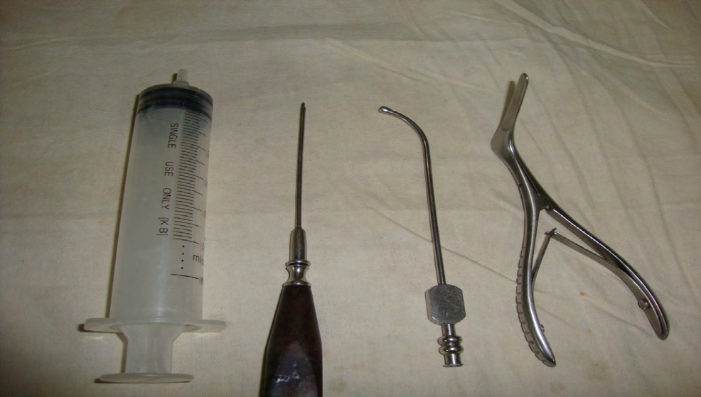 Figure 1: From left to right; 50 cc syring, Litzwiz antrum trocher and cannula. Karl Storz antrum sucker nozzle, Killian’s nasal speculum.