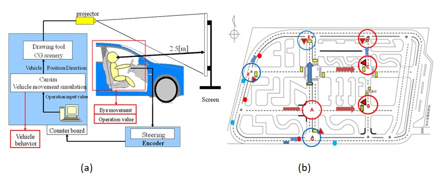 Figure 2: Configuration of driving scenario, (a): Driving simulator configuration; (b): Driving course and intersections.