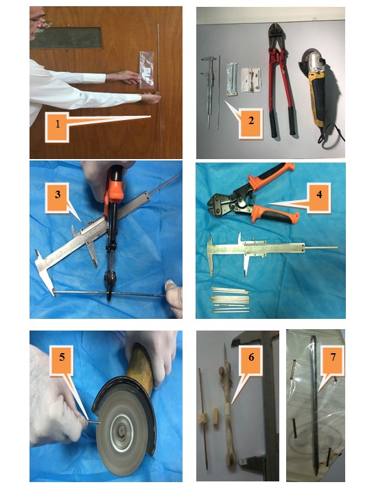 Figure 2: Steps of FGSR preparation, 1. Lenth of FGSR compare with the medical (IMP), 2. Tools requirement for FGSR preparation, 3. Measure and cutting the FGSR, 4. 10-11 piece of FGSR, 5. Sharpining the end of the FGSR, 6. FGSR used for fixation of natural and synthetic bony implantation, 7. Strilaization of the prepared FGSR.