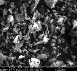 Figure 2: The SEM for the carbon (charcoal) in final stage. Besides, after complete grinding the carbon to get it powder, utilized to mix with NiO nanomaterial to doping carbon to estimate the photo-catalytic coating of the specimens. The Wt % of NiO with carbon was added to polyethylene glycol (PEG 400) to set up the colloidal before were the colloidal blended for (1 h) by a ultrasonic stirrer to ensure the mix up of a NiO/C Nanocomposite. The Nanocomposite scattered in (PEG 400) with add distilled water in the lab at room temperature, after that place it in the glass tube to start in coating the specimens by spray pyrolysis method. This equipment clarified in the Figure 3.